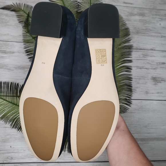Tory Burch Gigi Heels Navy Blue Suede Leather 8 NEW Gold Pumps Gorgeous Designer - Picture 6 of 10